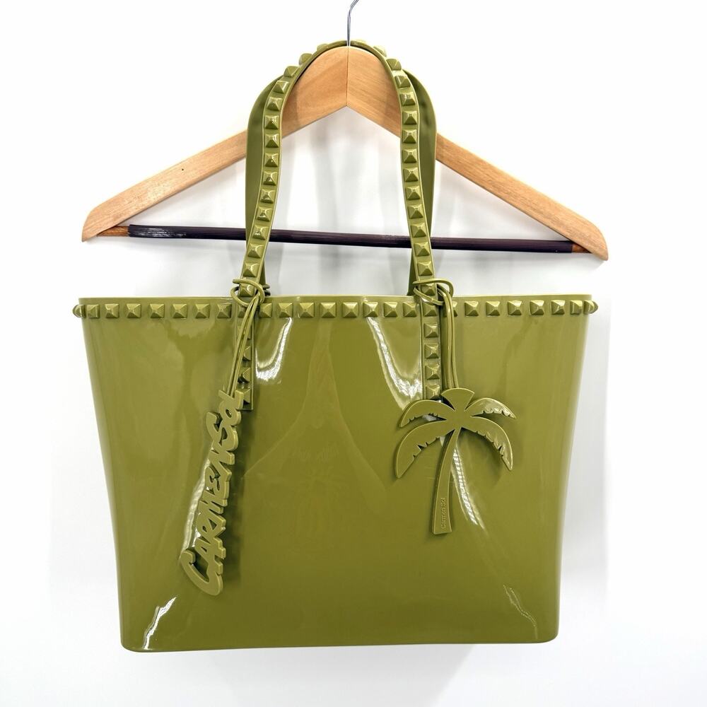 Carmen Sol Seba Mid Tote Green Studded Rubber Tote Bag with Extra Bag Charms